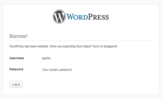 WordPress installation success message