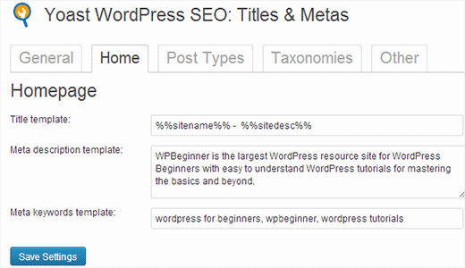 Yoast WordPress SEO - Home title and meta