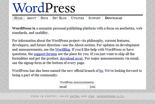 WordPress.org homepage in 2003