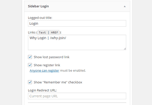 Sidebar login widget settings