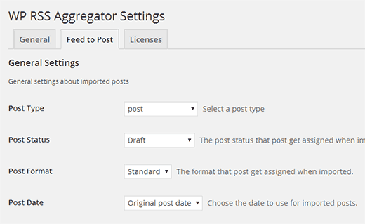 WP RSS Aggregator plugin settings