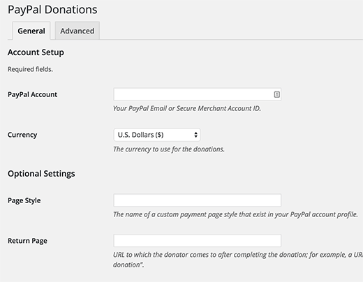 Settings page for PayPal Donations plugin