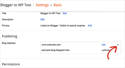 Remove custom domain redirection from Blogger