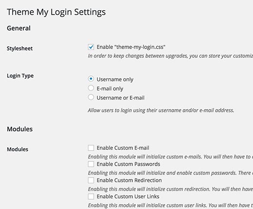 Theme My Login Settings