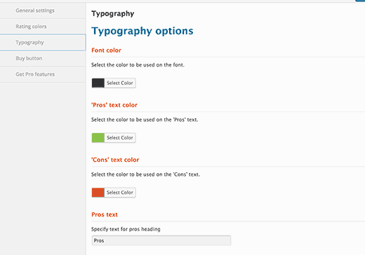 Choose text colors for review box in Typography settings 