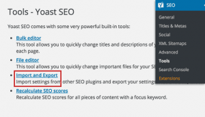 Import and export link on the tools page in Yoast SEO Import and export link on the tools page in Yoast SEO