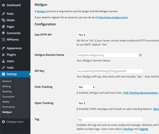 Mailgun for WordPress plugin settings Mailgun for WordPress plugin settings