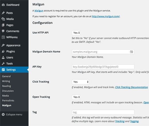 Mailgun for WordPress plugin settings