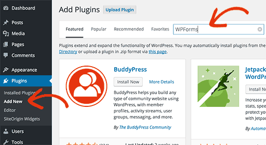 Go to add new plugin page to search and install WPForms plugin