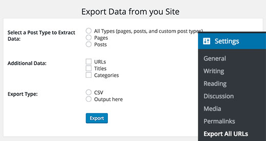 Export all URLs settings page Export all URLs settings page