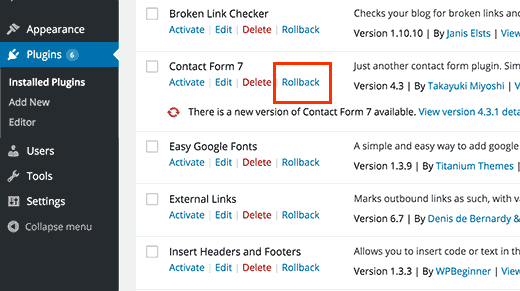 Rollback plugin updates Rollback plugin updates