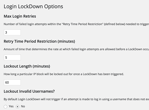 Login LockDown settings Login LockDown settings