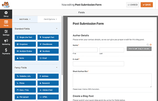 Editing the post submission form