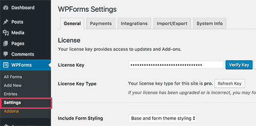 WPForms license key