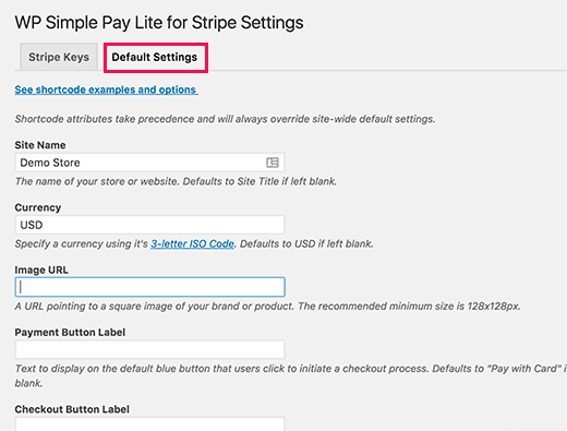 Default settings for WP Simple Pay Lite