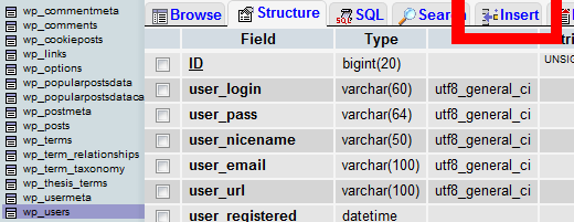 phpMyAdmin wp_users table