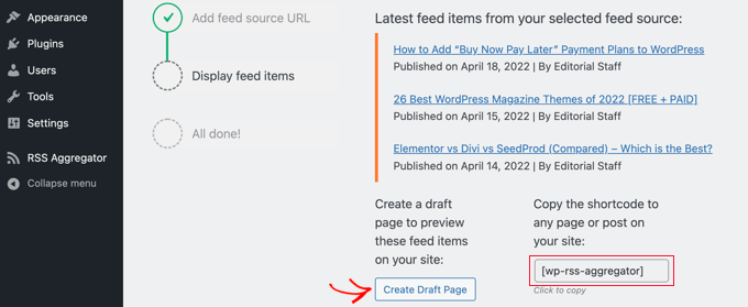 Cliquez sur le bouton "Créer une page de brouillon" pour prévisualiser le flux RSS.
