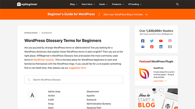 Glossary page using a custom post type archive page