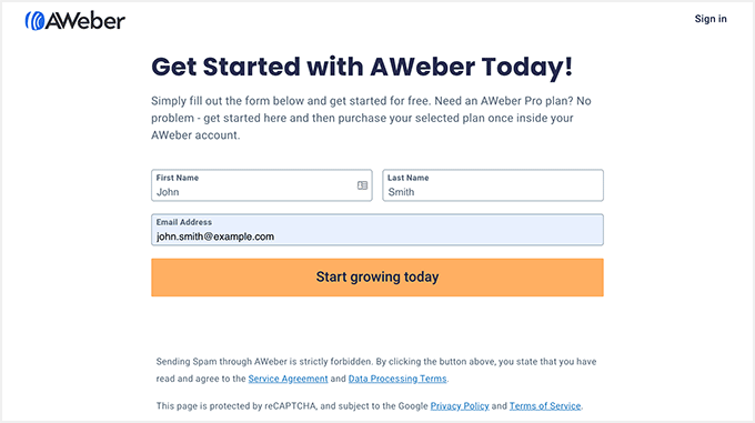 Enter your name and email address to get started with AWeber's free plan