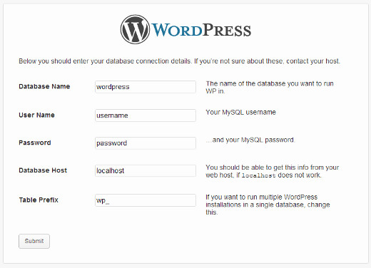 Предоставление сведений базы данных во время установки WordPress