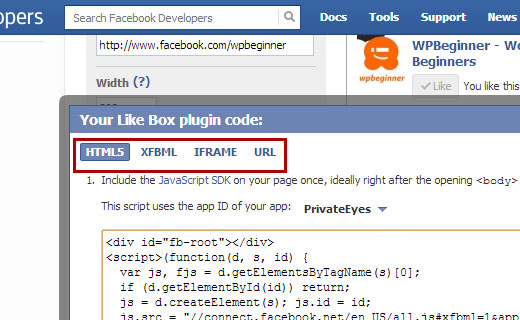 Facebook like box is available in multiple code formats
