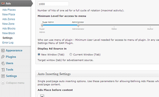 Simple Ads Manager plugin settings page