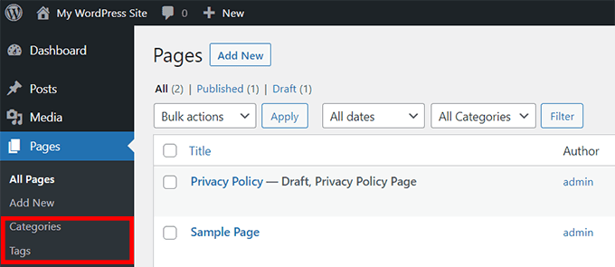Categories and tags for pages