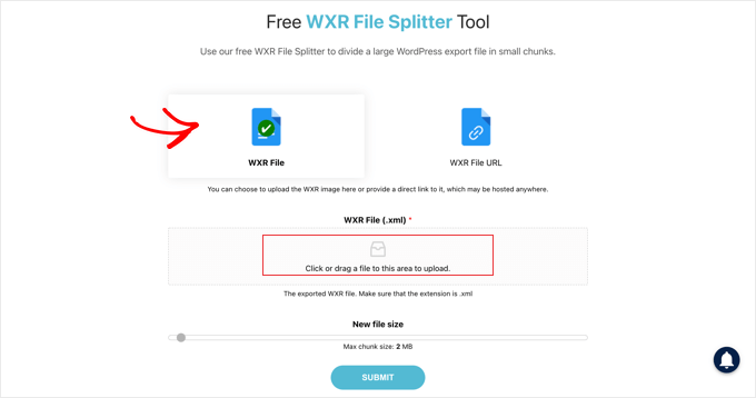 Загрузите XML-файл в бесплатный инструмент WXR File Splitter Tool