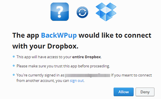Предоставление BackWPup доступа к вашему аккаунту Dropbox