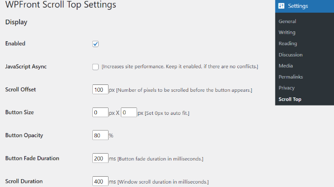 Edit WPfront scroll top settings
