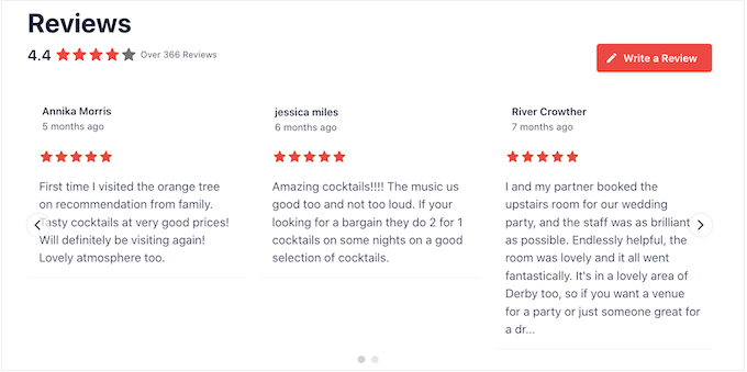 An example of Google reviews in a slider