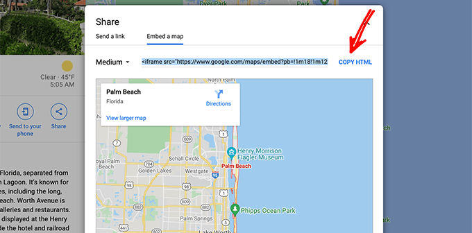 Скопируйте HTML-код вставки Google Maps