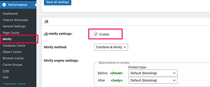 Enable JS minify in W3 Total Cache
