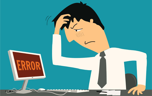 Cartoon of a man looking confused while scratching his head and looking at an Error screen on his computer.