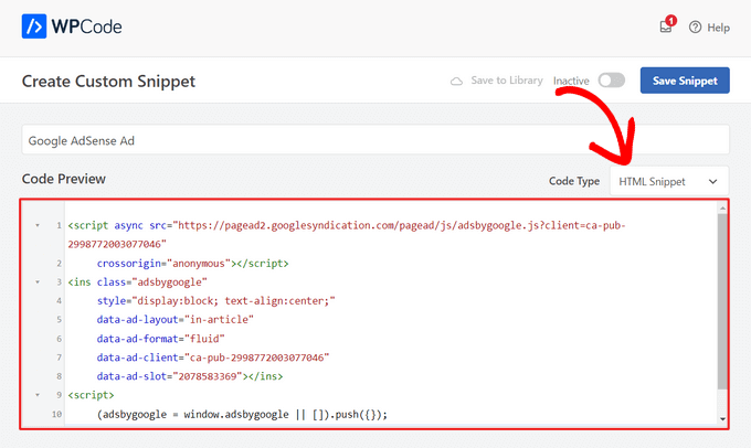 Copy and paste ad code into Code Preview box