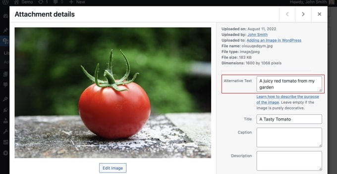 Görüntünüz için alternatif metni WordPress ortam kitaplığında görüntüleme veya düzenleme