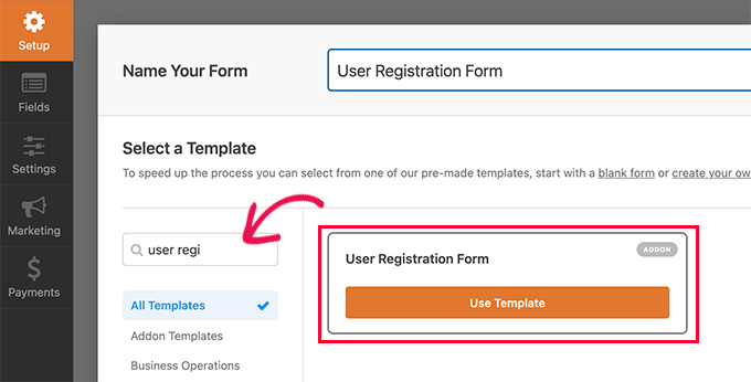 Select user registration template
