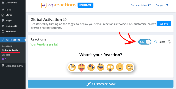 Toggle the Reactions Switch to the ON Position