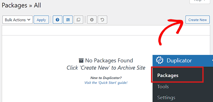با کلیک بر روی دکمه Create New یک نسخه پشتیبان جدید ایجاد کنید