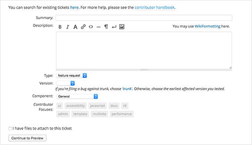Opening a new ticket for feature suggestion in WordPress
