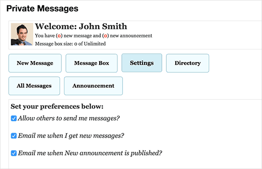 User settings for private messages in WordPress