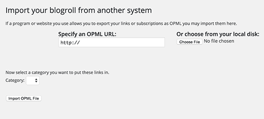 Importing an OPML file in WordPress 