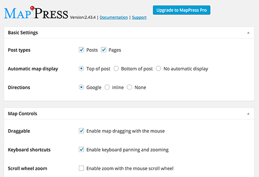 MapPress settings page