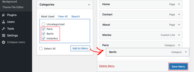 Select Categories and Click 'Add to Menu’