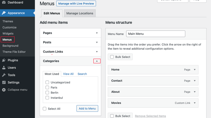 Visit Appearance » Menus and Expand the Categories Tab
