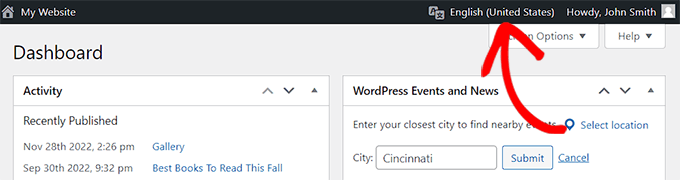 Language switcher added to your WordPress admin