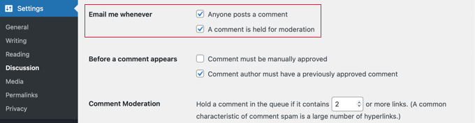Настройки уведомлений о комментариях WordPress по умолчанию