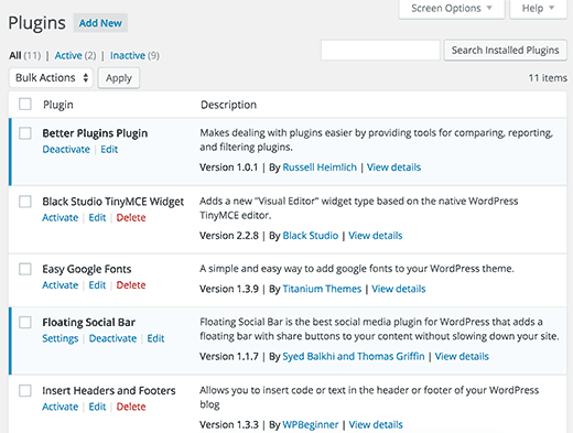 Default plugins screen in WordPress