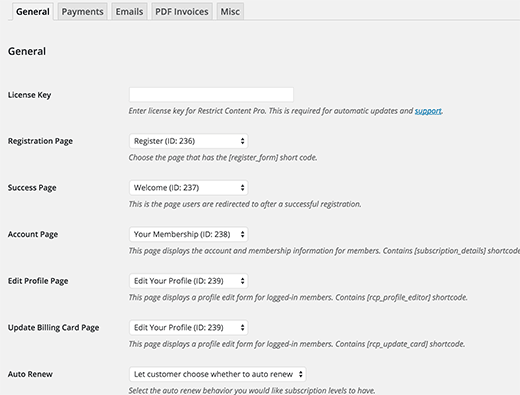 Restrict Content Pro - General settings page