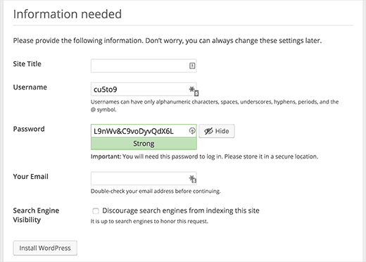 Setting up your website during WordPress install